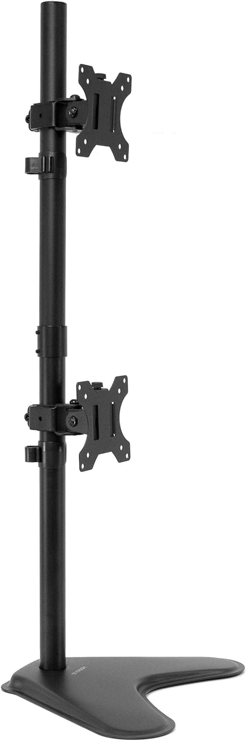 image:imageMountIt Vertical Dual Monitor Stand Freestanding Stacked Monitor Mount for 2 Screens 1732 Height Adjustable Tilt Swivel Rotate Portrait or Landscape Holds 176 lbs per Arm No Desk Clamp Needed