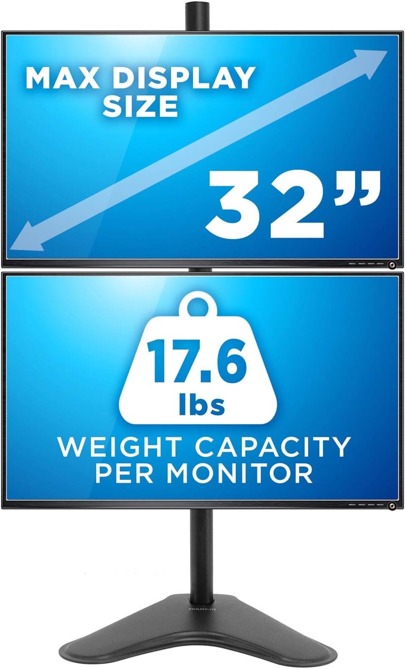 image:imageMountIt Vertical Dual Monitor Stand Freestanding Stacked Monitor Mount for 2 Screens 1732 Height Adjustable Tilt Swivel Rotate Portrait or Landscape Holds 176 lbs per Arm No Desk Clamp Needed