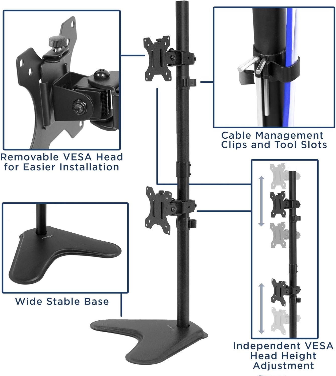 image:imageMountIt Vertical Dual Monitor Stand Freestanding Stacked Monitor Mount for 2 Screens 1732 Height Adjustable Tilt Swivel Rotate Portrait or Landscape Holds 176 lbs per Arm No Desk Clamp Needed