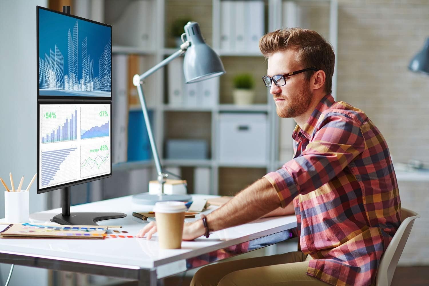 image:imageMountIt Vertical Dual Monitor Stand Freestanding Stacked Monitor Mount for 2 Screens 1732 Height Adjustable Tilt Swivel Rotate Portrait or Landscape Holds 176 lbs per Arm No Desk Clamp Needed