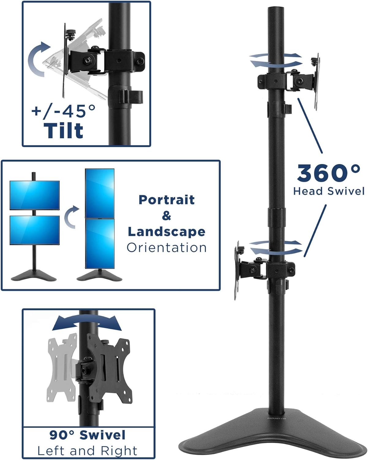 image:imageMountIt Vertical Dual Monitor Stand Freestanding Stacked Monitor Mount for 2 Screens 1732 Height Adjustable Tilt Swivel Rotate Portrait or Landscape Holds 176 lbs per Arm No Desk Clamp Needed