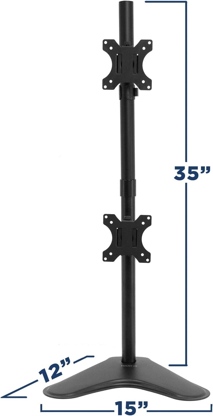 image:imageMountIt Vertical Dual Monitor Stand Freestanding Stacked Monitor Mount for 2 Screens 1732 Height Adjustable Tilt Swivel Rotate Portrait or Landscape Holds 176 lbs per Arm No Desk Clamp Needed