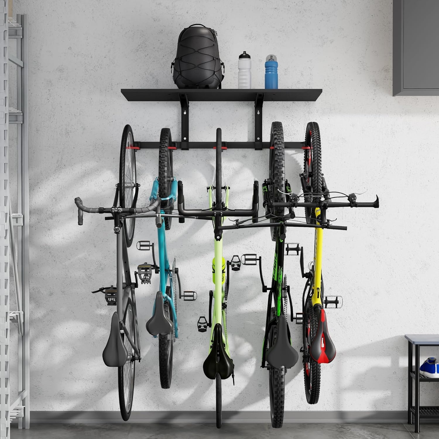 image:imageMountIt WheelsUp Bike Storage Rack with Shelf Wall Mounted Garage Organizer Holds 5 Bikes Adjustable Padded Hooks Max Capacity 385 lbs SpaceSaving Solution