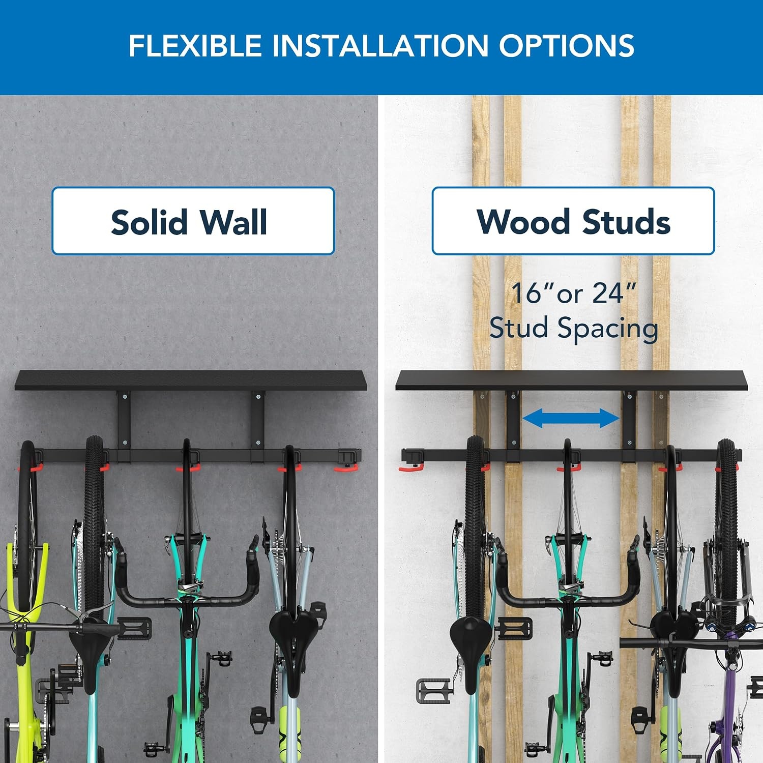 image:imageMountIt WheelsUp Bike Storage Rack with Shelf Wall Mounted Garage Organizer Holds 5 Bikes Adjustable Padded Hooks Max Capacity 385 lbs SpaceSaving Solution