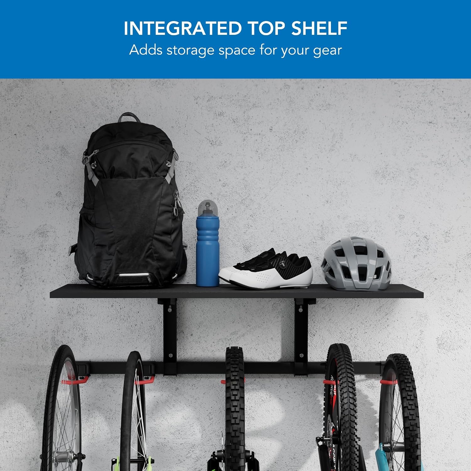 image:imageMountIt WheelsUp Bike Storage Rack with Shelf Wall Mounted Garage Organizer Holds 5 Bikes Adjustable Padded Hooks Max Capacity 385 lbs SpaceSaving Solution