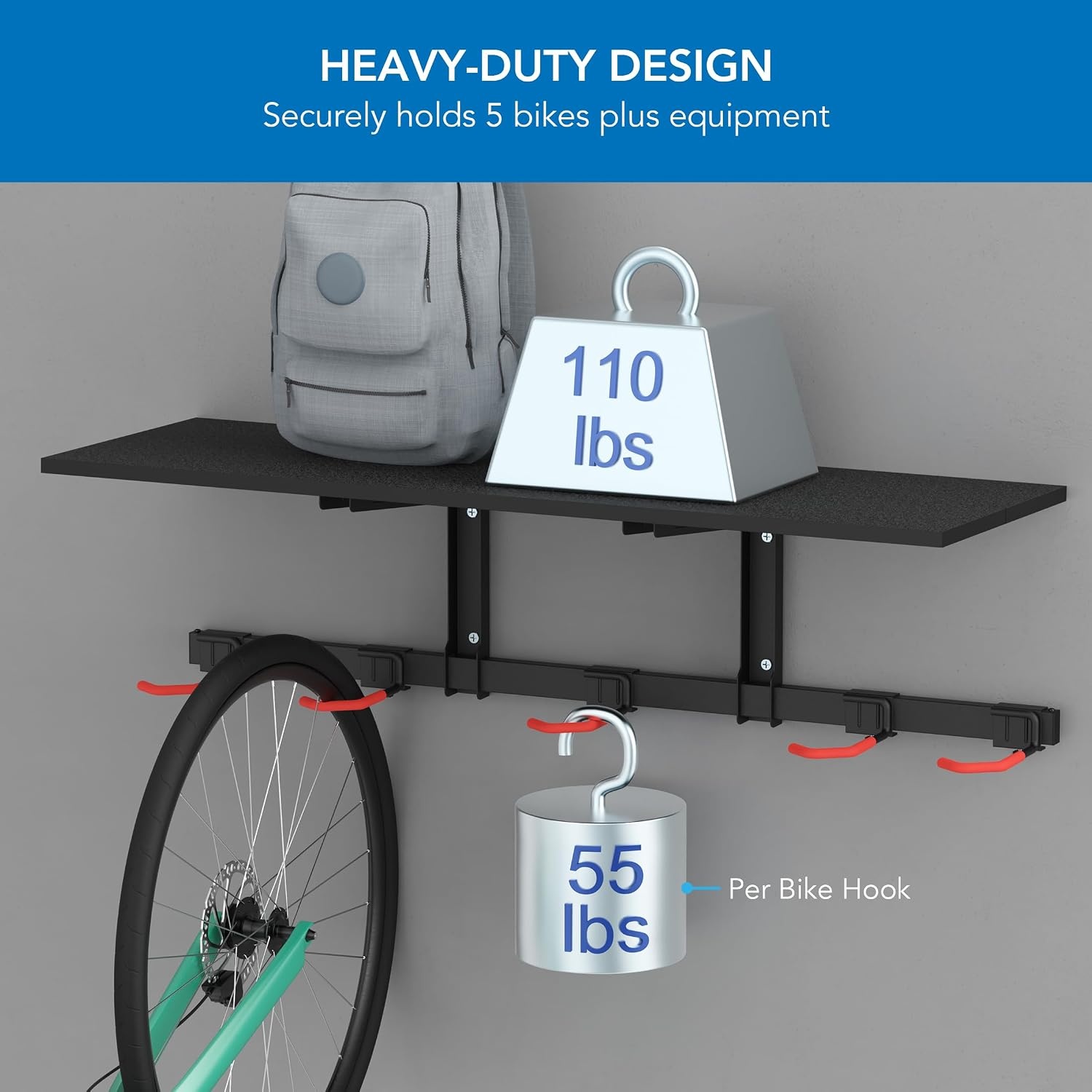 image:imageMountIt WheelsUp Bike Storage Rack with Shelf Wall Mounted Garage Organizer Holds 5 Bikes Adjustable Padded Hooks Max Capacity 385 lbs SpaceSaving Solution