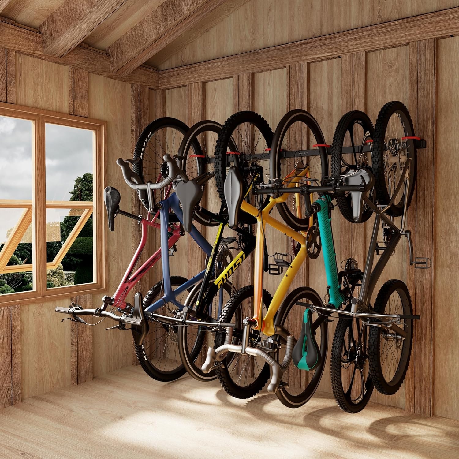 image:imageMountIt WheelsUp Bike Wall Mount for 6 Bikes HeavyDuty Garage Storage Rack Adjustable Padded Hooks SpaceSaving Vertical Bike Storage Solution for Home and Garage Max Capacity 330 lbs