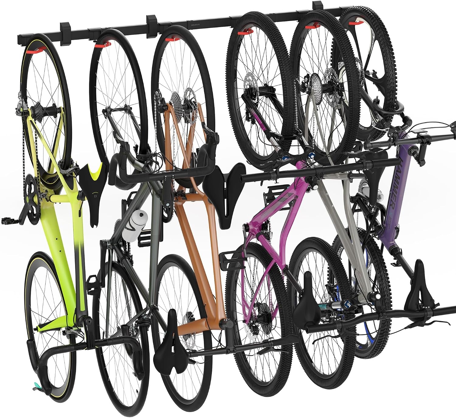 image:imageMountIt WheelsUp Bike Wall Mount for 6 Bikes HeavyDuty Garage Storage Rack Adjustable Padded Hooks SpaceSaving Vertical Bike Storage Solution for Home and Garage Max Capacity 330 lbs