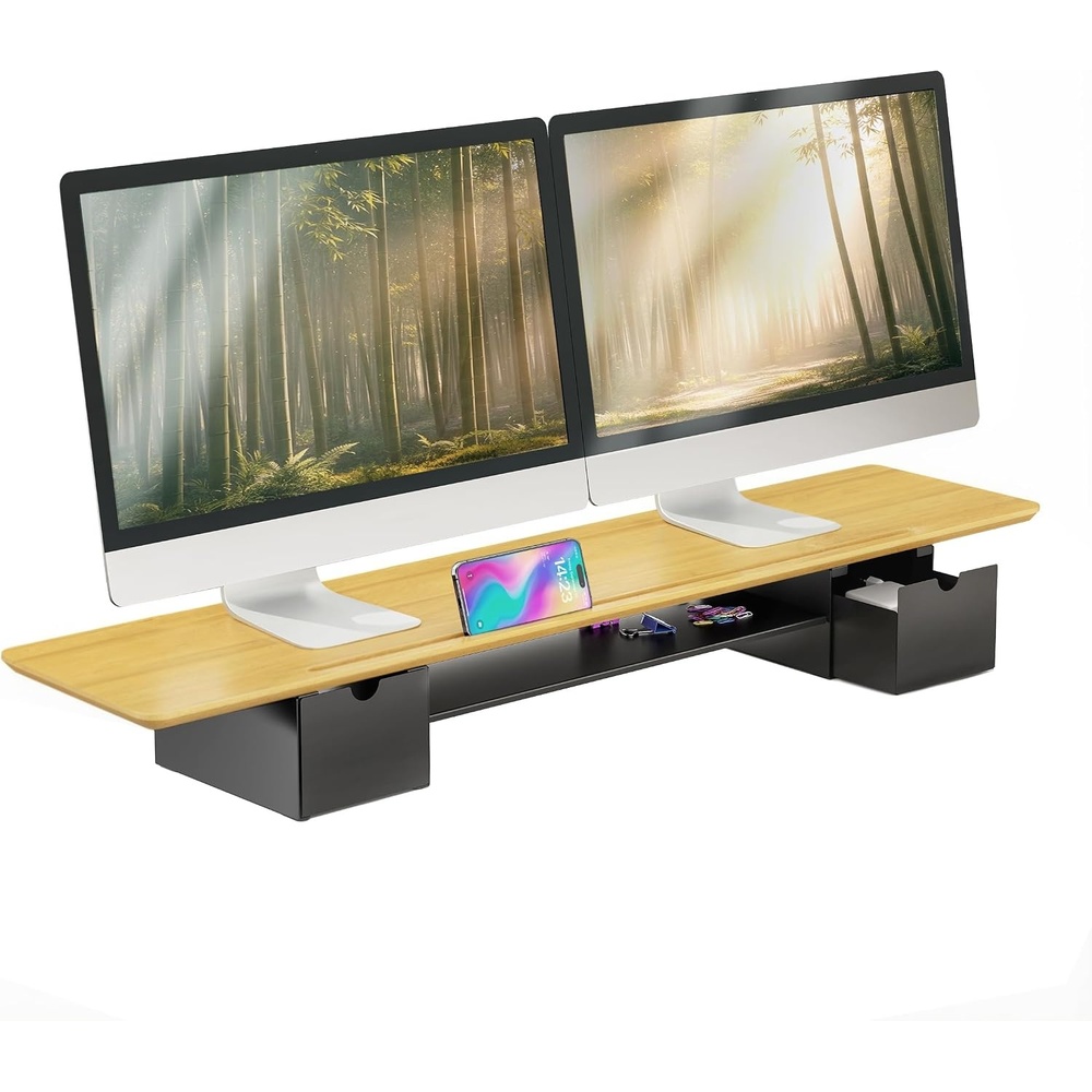 image:imageMountIt Extra Wide 39 Real Solid Bamboo Dual Monitor Stand Riser 2 Metal Drawers Shelf 66 lbs BuiltIn Device Slot Home Office Desk Organizer