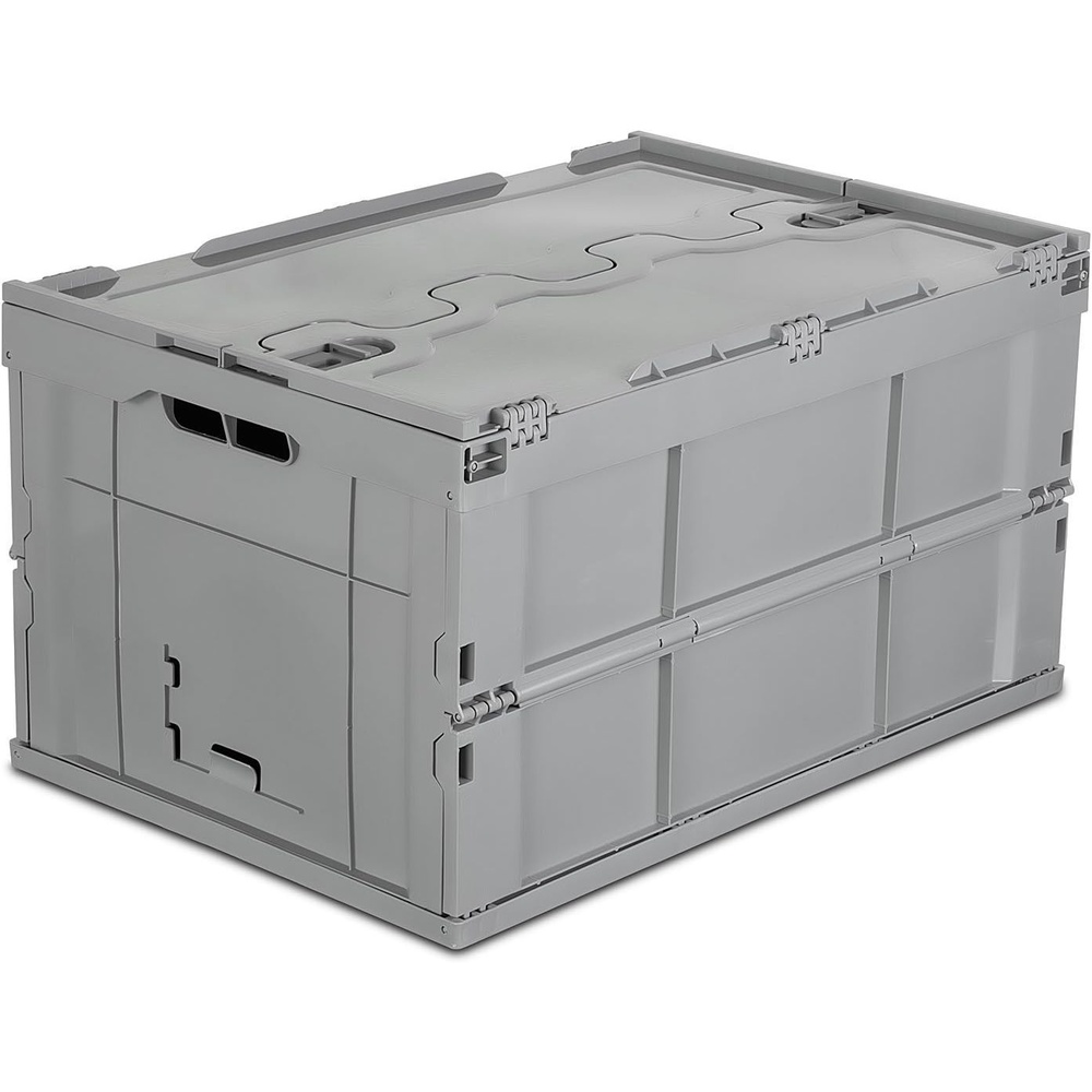 image:imageMountIt Folding Plastic Storage Crate Collapsible Utility Distribution Container with Attached Lid 23x15x13 Inches 65L Liter Capacity Clear SET OF 3Gray