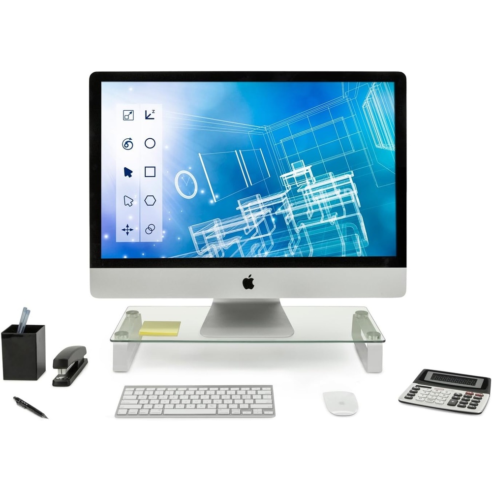 image:imageMountIt Glass Computer Monitor Riser and Laptop Stand Clear Flat Screen Display Stand Desktop Shelf and Organizer Glass and Aluminum Construction 22 Inches Wide 44 lb Carrying Capacity