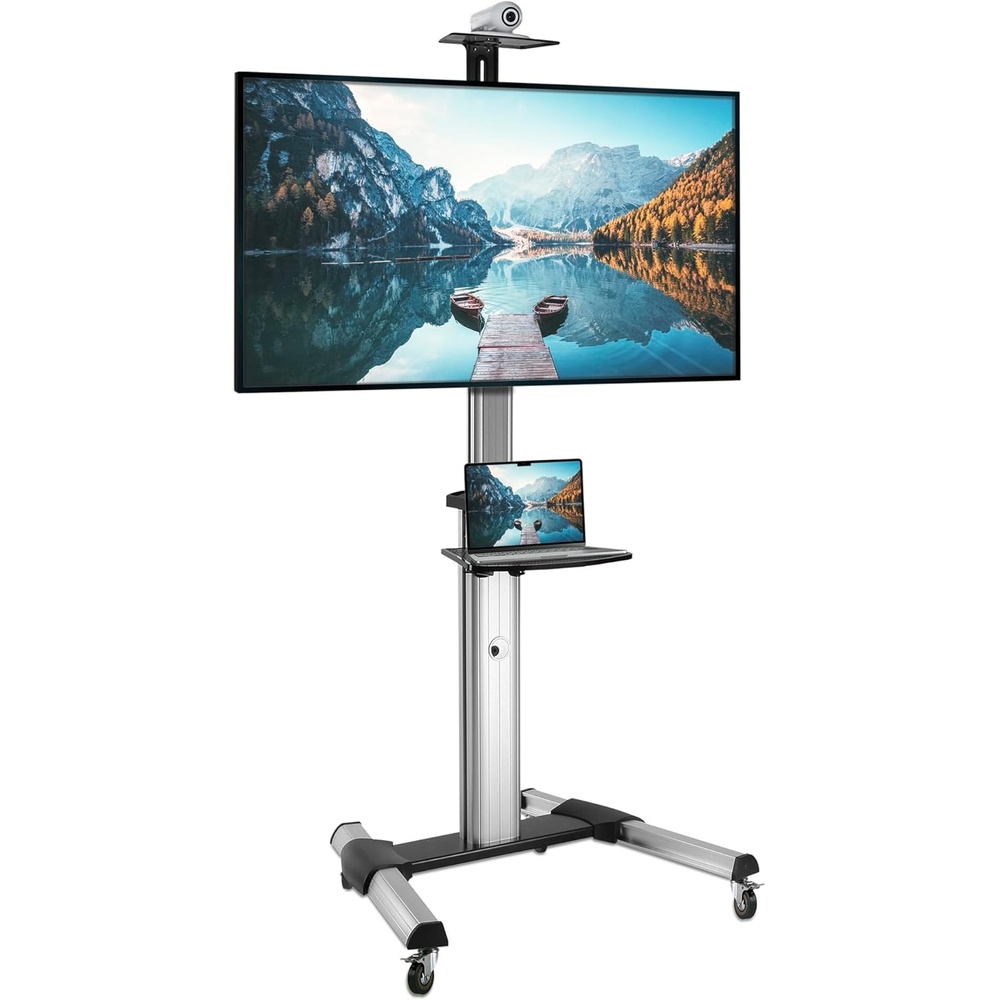image:imageMountIt Mobile TV Stand for Flat Screen Televisions Height Adjustable Rolling TV Cart for 32 40 50 55 60 65 and 70 Inch Screens 110 Pound Capacity