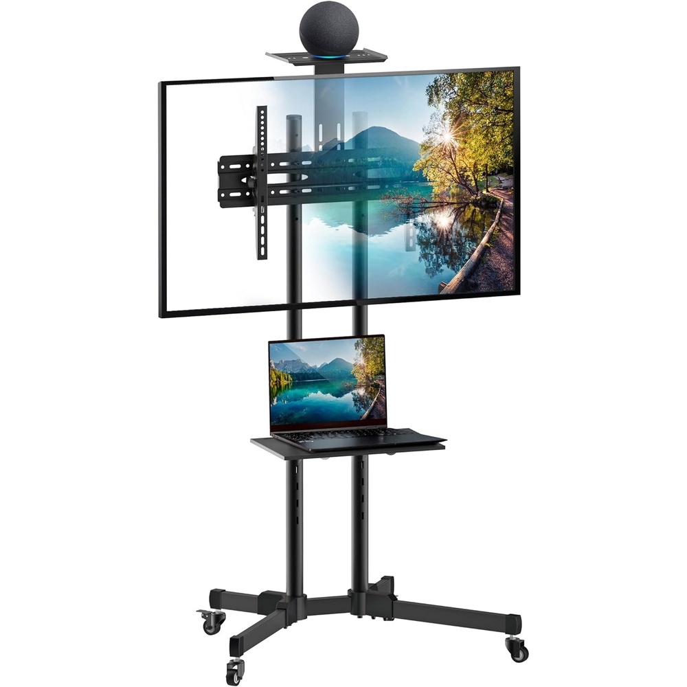 image:imageMountIt Tall Mobile TV Cart for 3770 Inch LCD LED OLED Flat amp Curved Screens Rolling TV Stand with Wheels Camera Tray amp AV Shelf Locking Casters Height Adjustable Max VESA 600x400 110 lbs