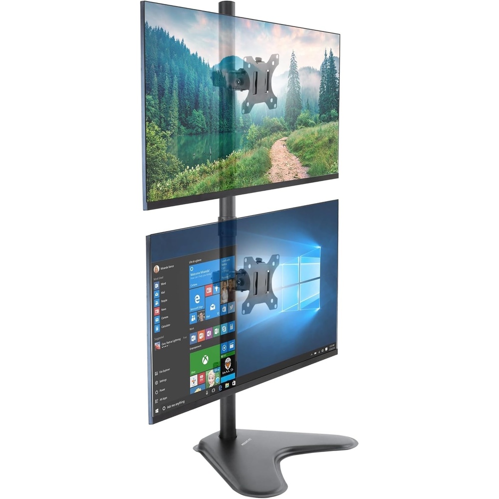 image:imageMountIt Vertical Dual Monitor Stand Freestanding Stacked Monitor Mount for 2 Screens 1732 Height Adjustable Tilt Swivel Rotate Portrait or Landscape Holds 176 lbs per Arm No Desk Clamp Needed