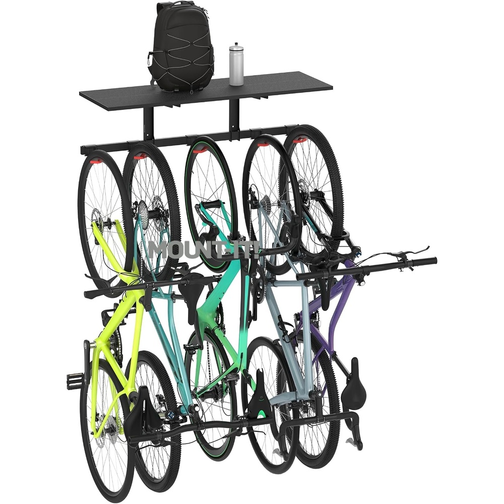 image:imageMountIt WheelsUp Bike Storage Rack with Shelf Wall Mounted Garage Organizer Holds 5 Bikes Adjustable Padded Hooks Max Capacity 385 lbs SpaceSaving Solution