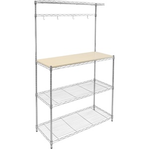image:imageMountIt Bakers Rack with Solid Wood Tabletop Durable Metal Kitchen Organizer Adjustable Shelves Hooks Microwave amp Oven Stand Ideal for Cookware amp Appliances 14 D x 35 W x 62 H