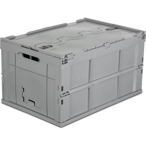 image:imageMountIt Folding Plastic Storage Crate Collapsible Utility Distribution Container with Attached Lid 23x15x13 Inches 65L Liter Capacity Clear SET OF 3Gray