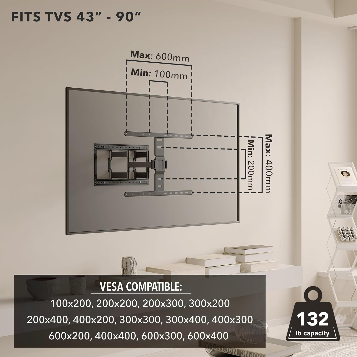 image:imageMountIt ADA Compliant Ultra Slim Full Motion TV Wall Mount 11 Thin Low Profile Articulating Bracket for 4390 Inch TVs HeavyDuty Swivel Tilt and Extend Max VESA 600x400 132 lbs Capacity