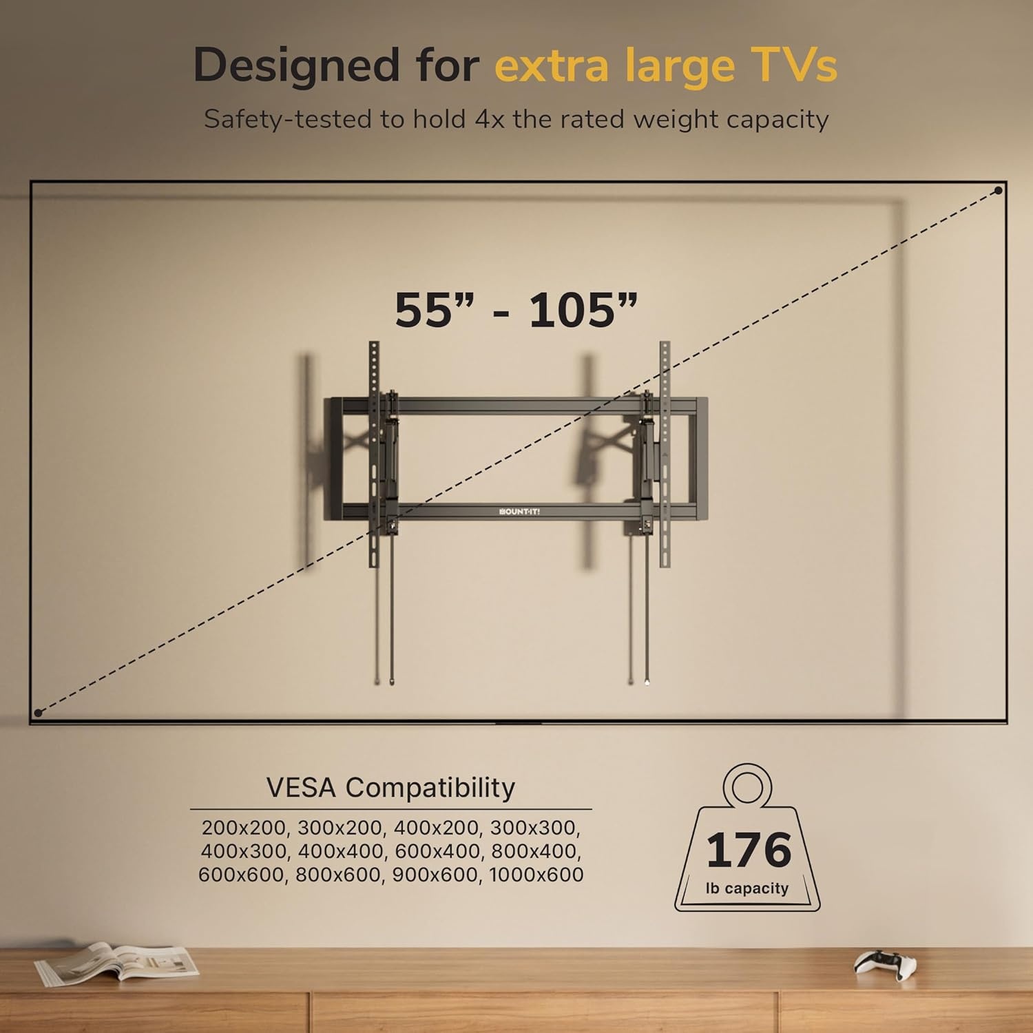 image:imageMountIt Advanced Extendable Tilt TV Wall Mount for 55105 Inch TVs Low Profile 21 HeavyDuty Bracket with 68 Extension Tilt amp Swivel Universal VESA up to 1000600 mm Fits 162432 Studs