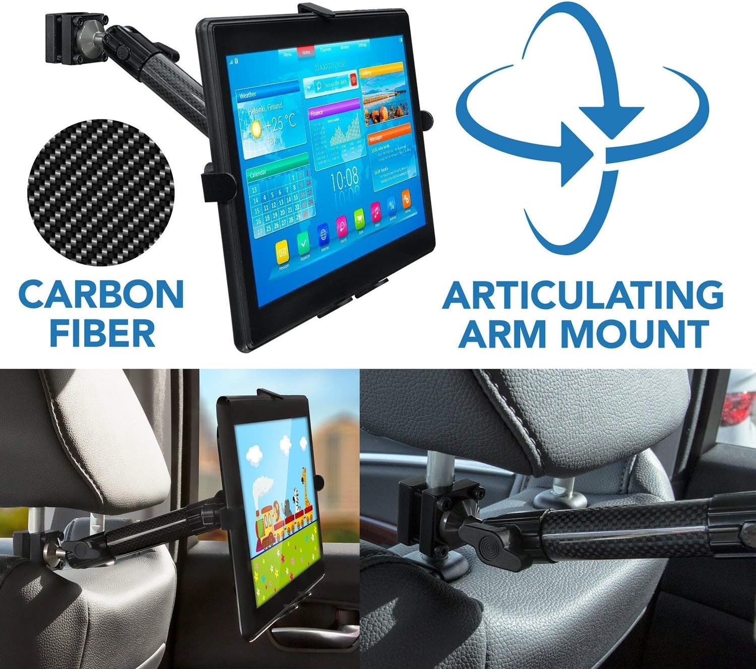image:imageMountIt Carbon Fiber Car Headrest Tablet Holder Back Seat iPad amp Tablet Mount for Kids Adjustable 711 Inch Rear Seat Holder for Galaxy amp Fire Tablets Road Trip Travel MountCarbon Fiber