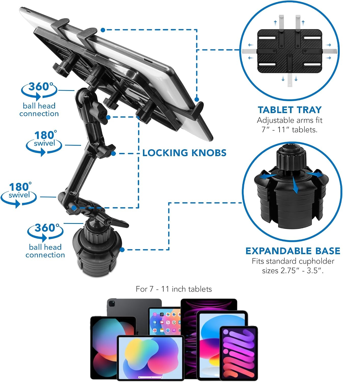 image:imageMountIt Carbon Fiber Cup Holder Tablet Mount Tablet Holder for Car Truck SUV Adjustable 711 Inch iPad amp Tablets 18 Extension Arm 360 Rotation Fits 27535 Cupholders ELD GPS HolderAluminum