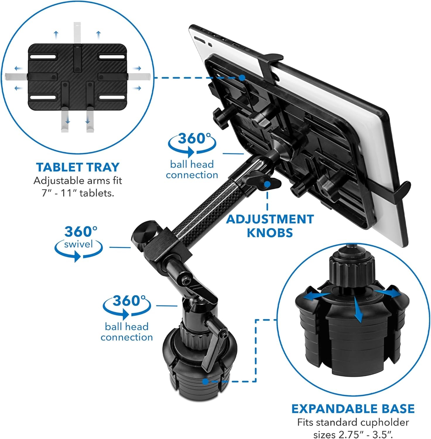 image:imageMountIt Carbon Fiber Cup Holder Tablet Mount Tablet Holder for Car Truck SUV Adjustable 711 Inch iPad amp Tablets 18 Extension Arm 360 Rotation Fits 27535 Cupholders ELD GPS HolderCarbon Fiber