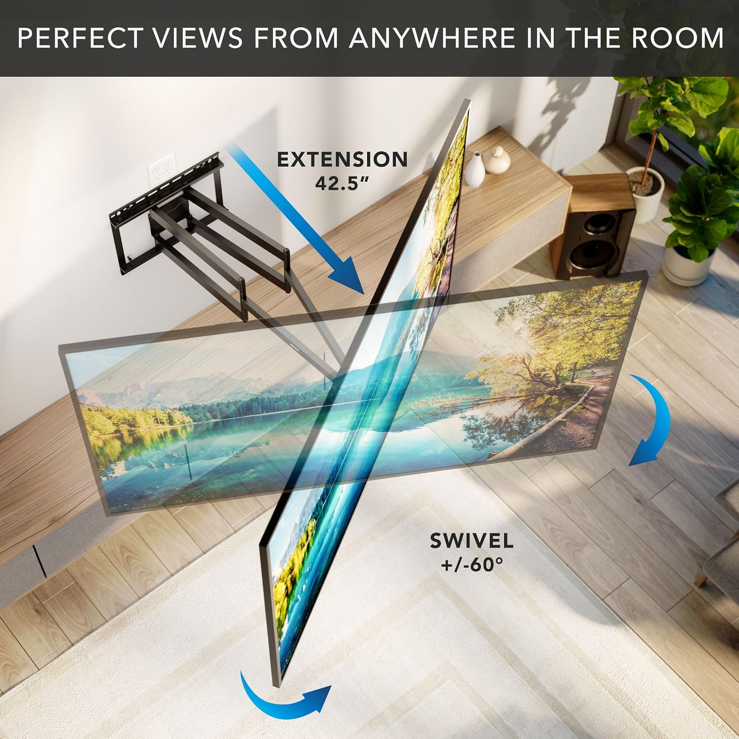 image:imageMountIt Corner Long Arm Full Motion TV Wall Mount Extra Long 425Inch Extension HeavyDuty Dual Arm Bracket for 43100 Inch TVs Swivel Tilt Level Adjustment Max VESA 800x600 132 lbs