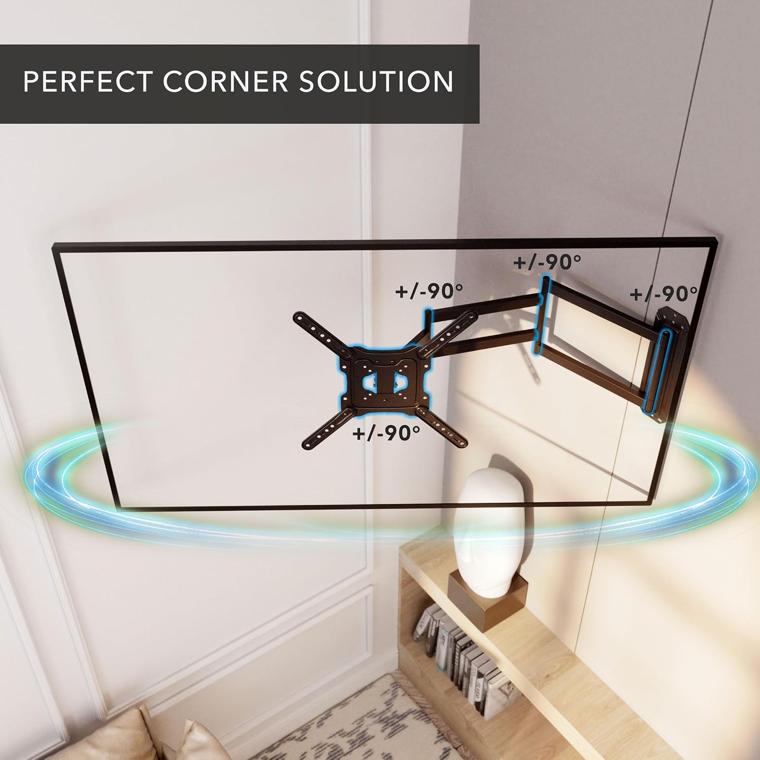 image:imageMountIt Corner Long Arm TV Wall Mount Full Motion 372 Extension Single Stud Brick Concrete Compatible 2365 Inch Flat Screen TVs Max VESA 400x400 77 lbs Black