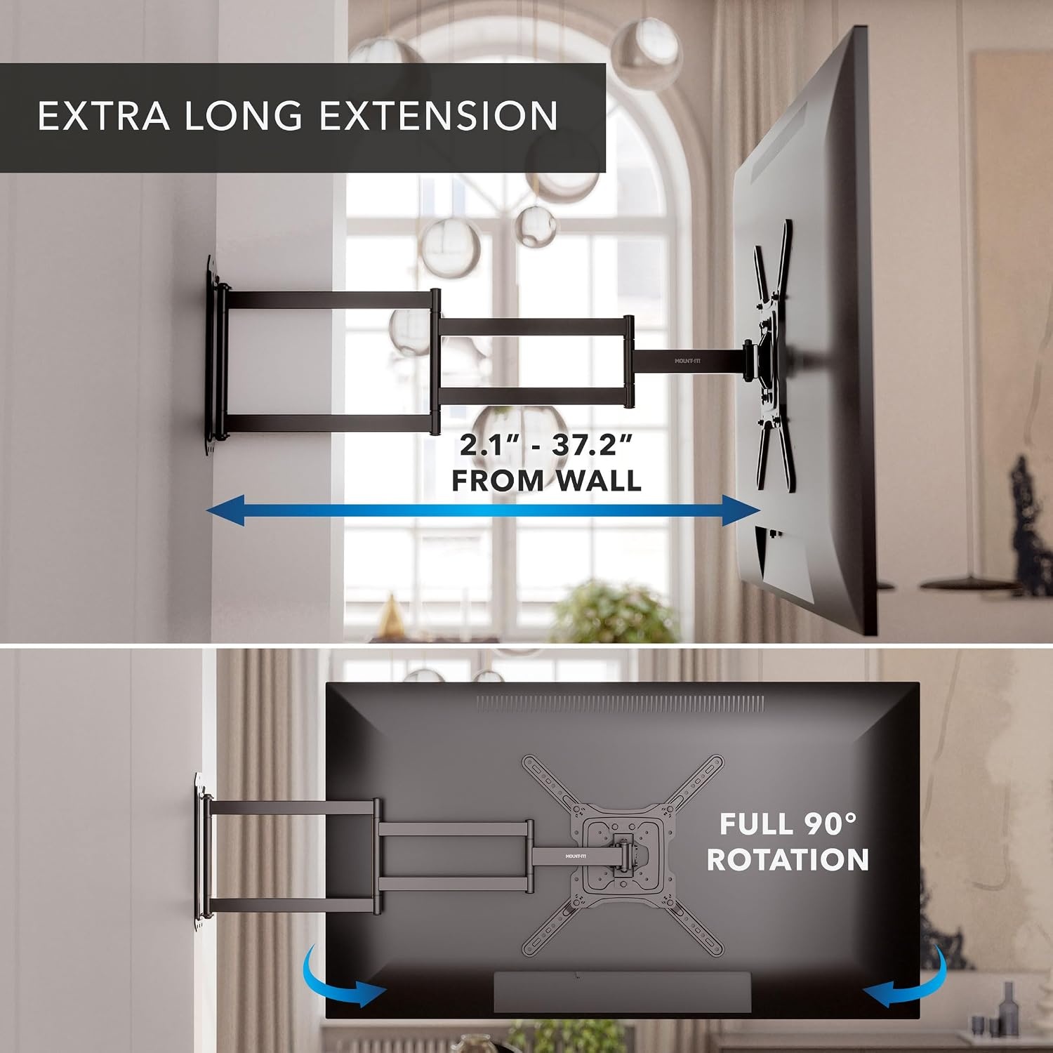 image:imageMountIt Corner Long Arm TV Wall Mount Full Motion 372 Extension Single Stud Brick Concrete Compatible 2365 Inch Flat Screen TVs Max VESA 400x400 77 lbs Black