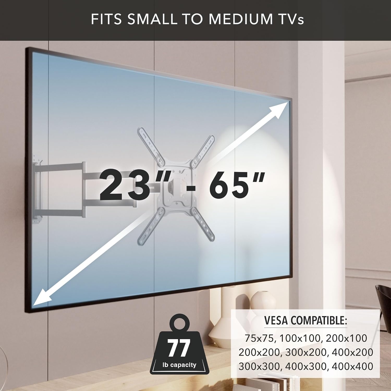 image:imageMountIt Corner Long Arm TV Wall Mount Full Motion 372 Extension Single Stud Brick Concrete Compatible 2365 Inch Flat Screen TVs Max VESA 400x400 77 lbs Black