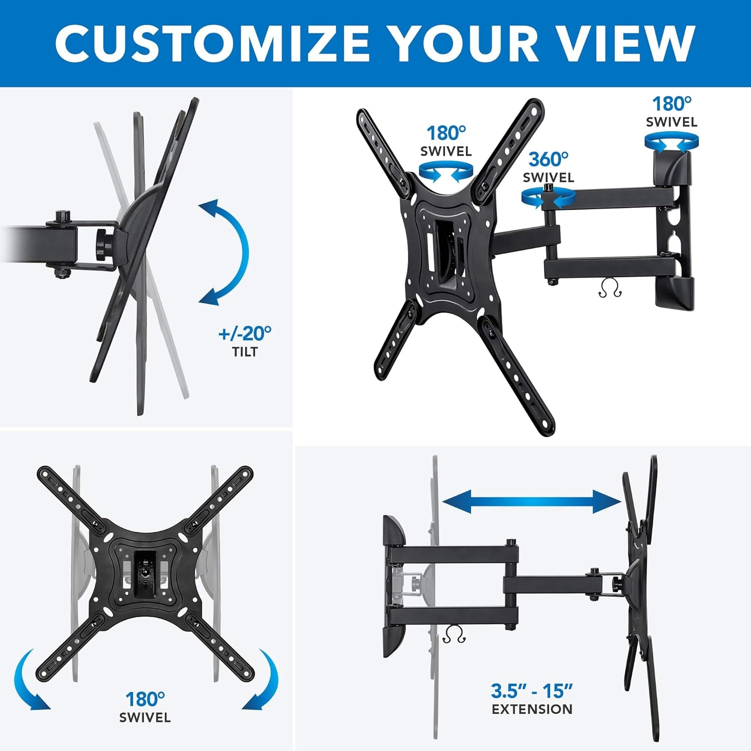 image:imageMountIt Full Motion Articulating TV Wall Mount for 2355 Inch LED LCD OLED Flat Screen TVs Tilt amp Swivel Arm Extends 156 VESA 75x75 to 400x400 66 lb Capacity Single Stud Installation