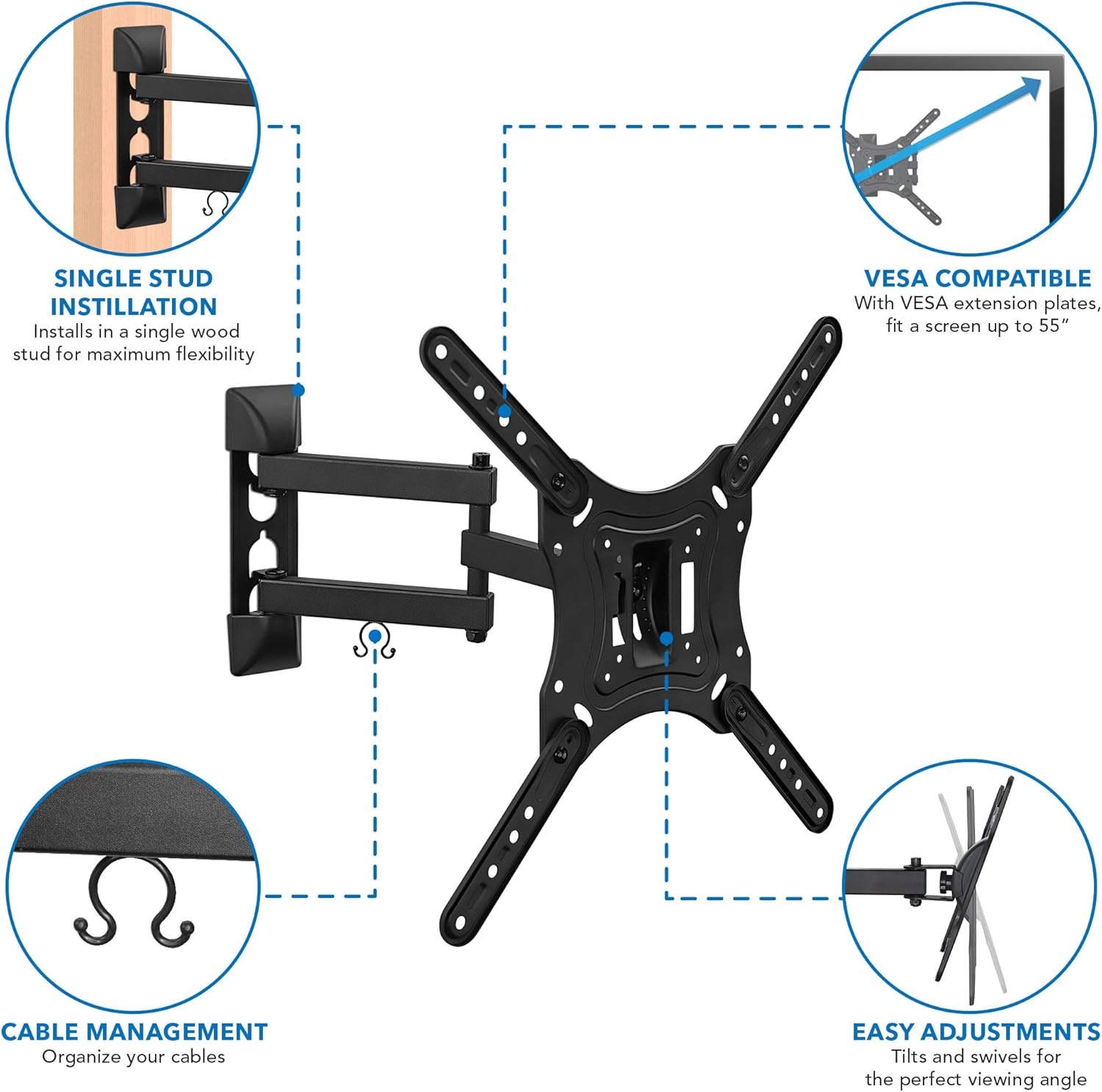 image:imageMountIt Full Motion Articulating TV Wall Mount for 2355 Inch LED LCD OLED Flat Screen TVs Tilt amp Swivel Arm Extends 156 VESA 75x75 to 400x400 66 lb Capacity Single Stud Installation