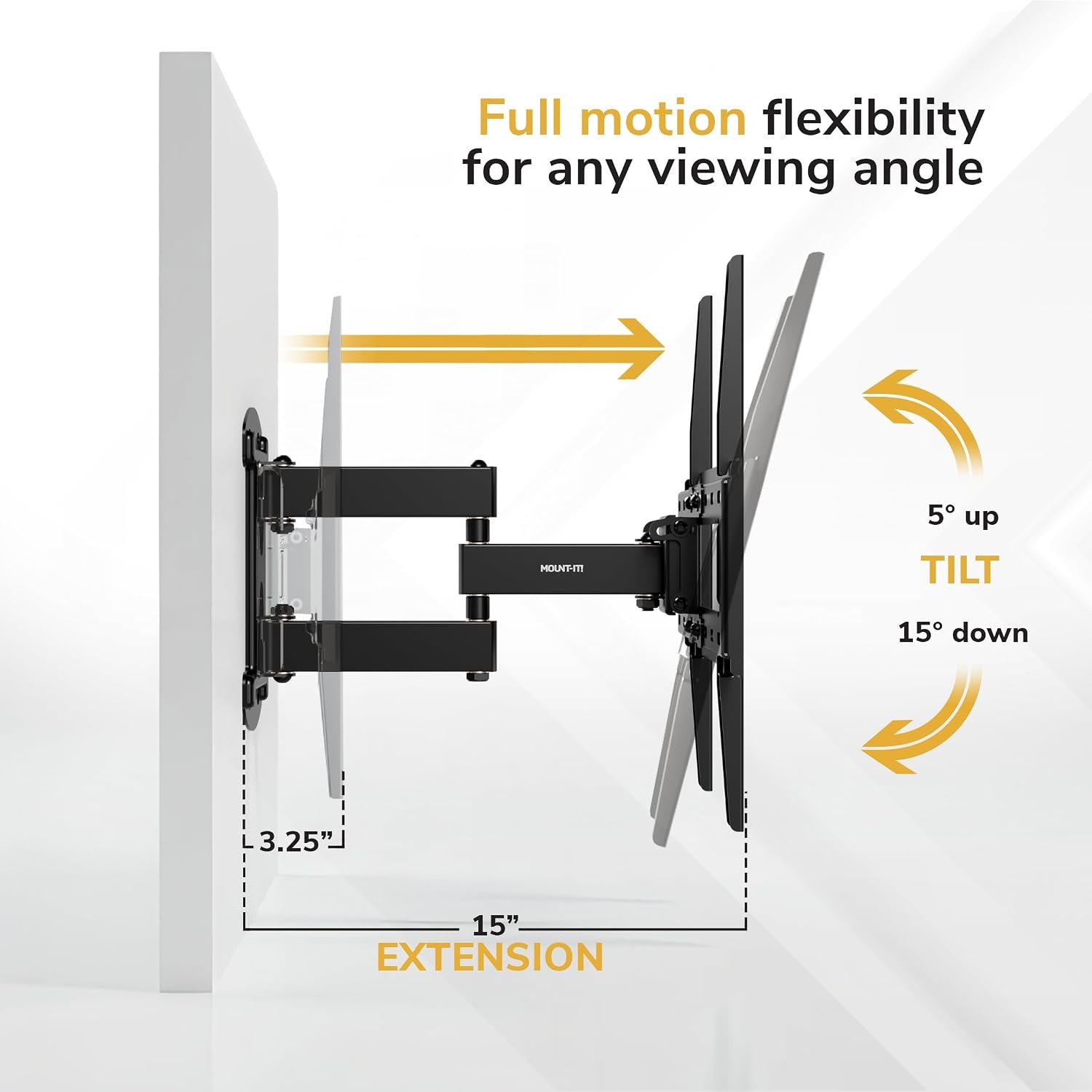 image:imageMountIt Full Motion Corner TV Wall Mount Single Stud Install Swivel Tilt amp 15 Extension Single Arm for 3250 TVs HeavyDuty Steel Fits VESA 100x100400x400 66 lbs Capacity