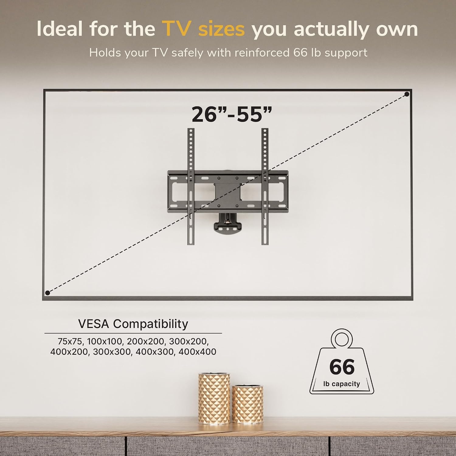 image:imageMountIt Full Motion Corner TV Wall Mount Single Stud Install Swivel Tilt amp 15 Extension Single Arm for 3250 TVs HeavyDuty Steel Fits VESA 100x100400x400 66 lbs Capacity