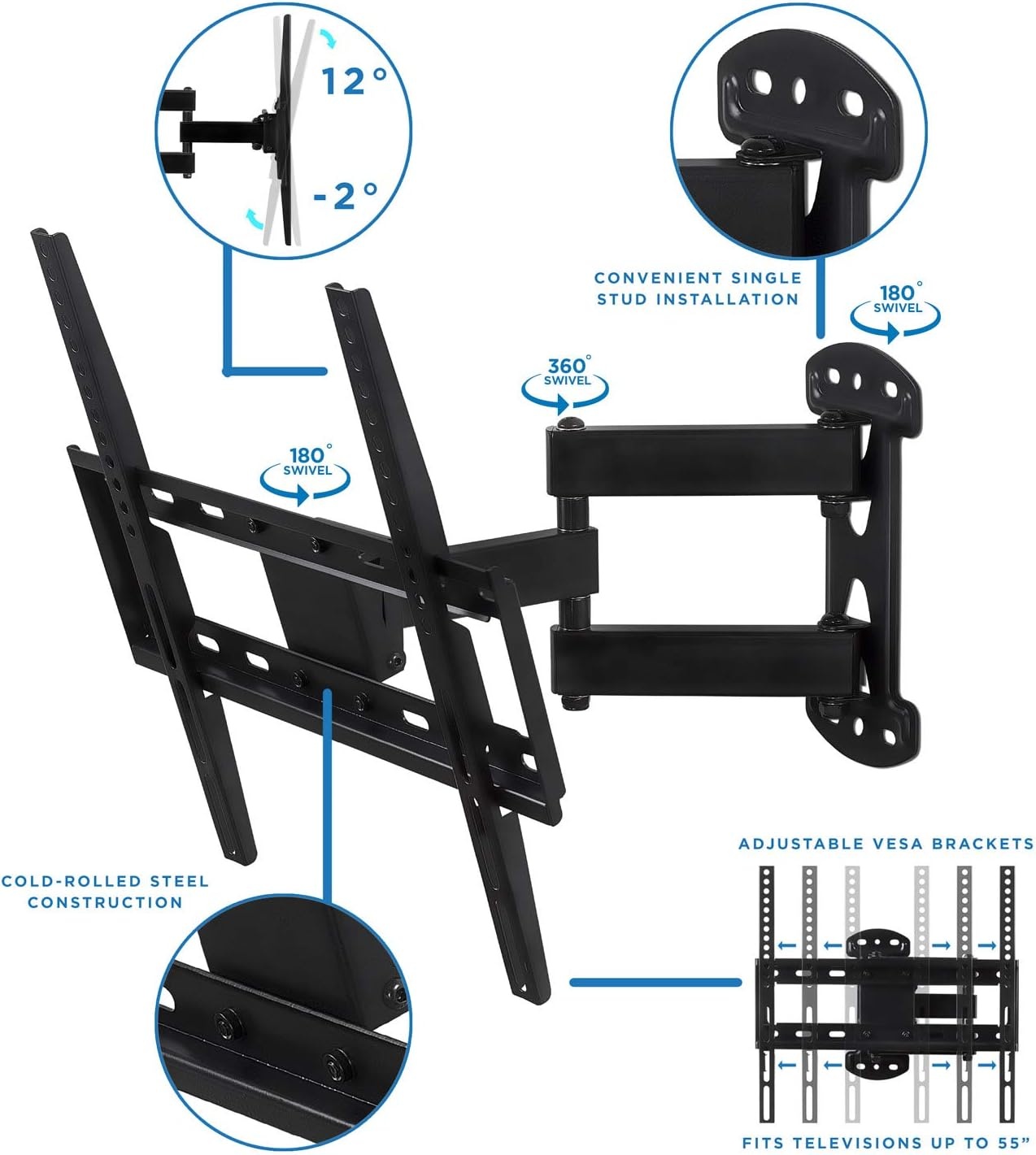 image:imageMountIt Full Motion Corner TV Wall Mount for 1955 Inch TVs Articulating SingleStud TV Mount Tilt Swivel Extend Retract VESA 75x75 to 400x400 66 lb Capacity