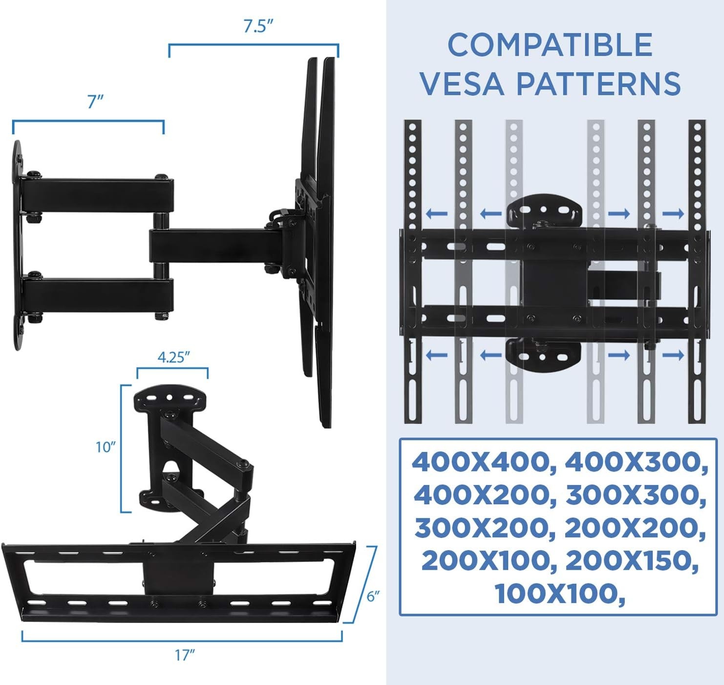 image:imageMountIt Full Motion Corner TV Wall Mount for 1955 Inch TVs Articulating SingleStud TV Mount Tilt Swivel Extend Retract VESA 75x75 to 400x400 66 lb Capacity