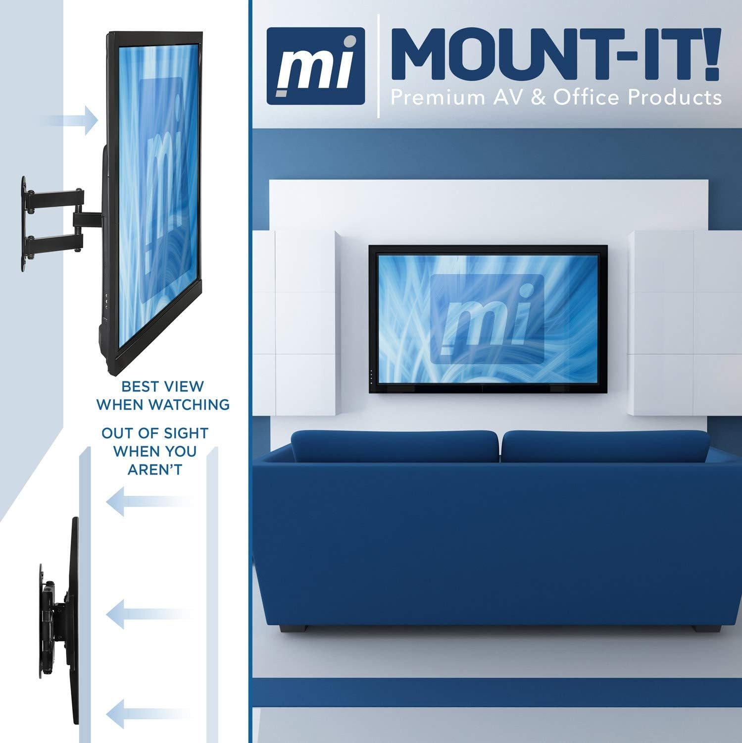 image:imageMountIt Full Motion Corner TV Wall Mount for 1955 Inch TVs Articulating SingleStud TV Mount Tilt Swivel Extend Retract VESA 75x75 to 400x400 66 lb Capacity