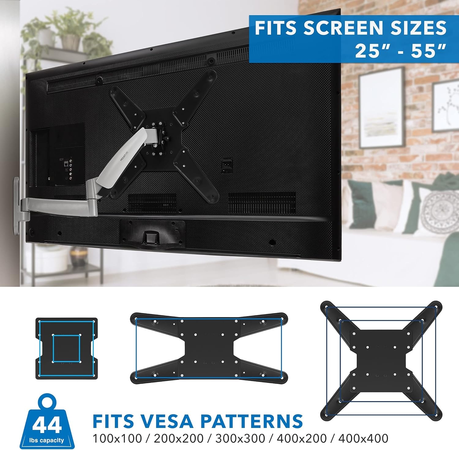 image:imageMountIt Full Motion Gas Spring TV Wall Mount for 2555 Inch LED LCD OLED Flat Screen TVs Height Adjustable 135 Articulating Arm VESA 100x100 to 400x400 44 lb Capacity Single Stud Silver