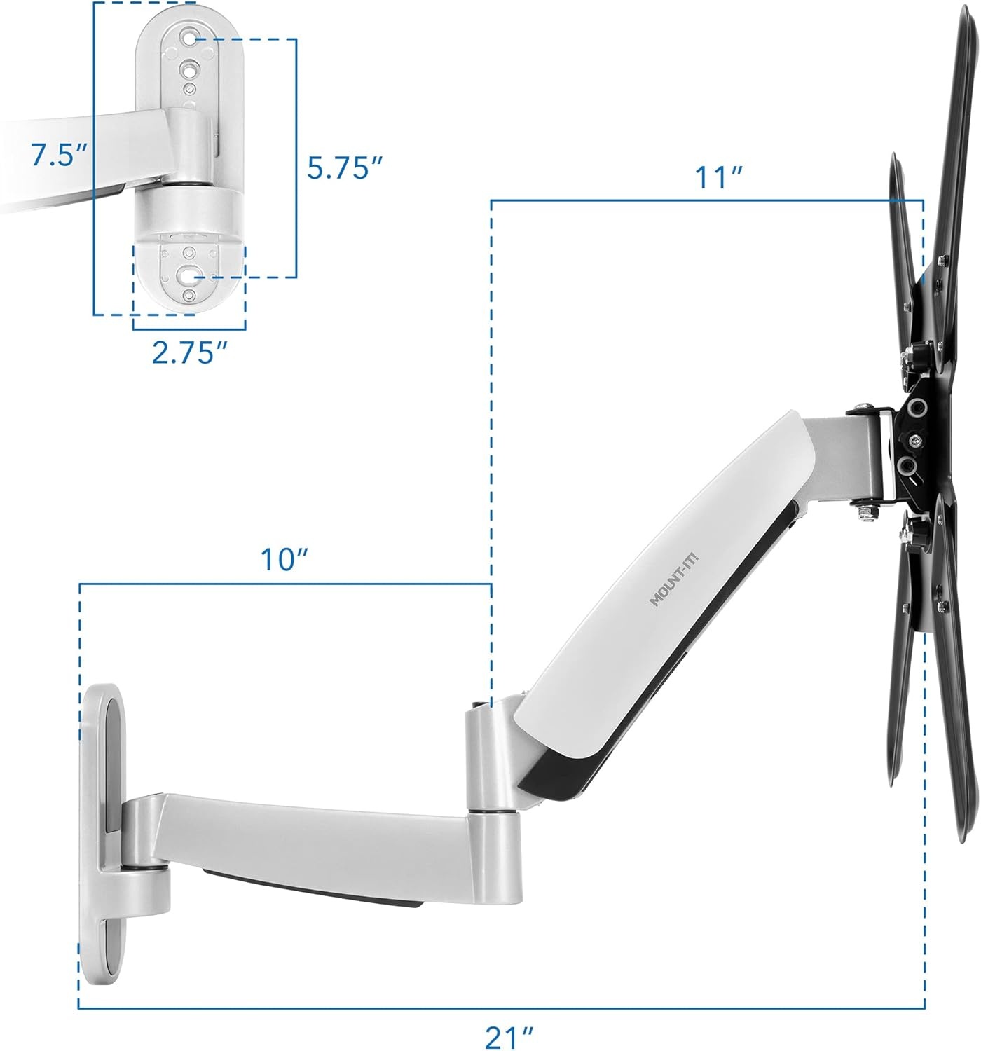 image:imageMountIt Full Motion Gas Spring TV Wall Mount for 2555 Inch LED LCD OLED Flat Screen TVs Height Adjustable 135 Articulating Arm VESA 100x100 to 400x400 44 lb Capacity Single Stud Silver