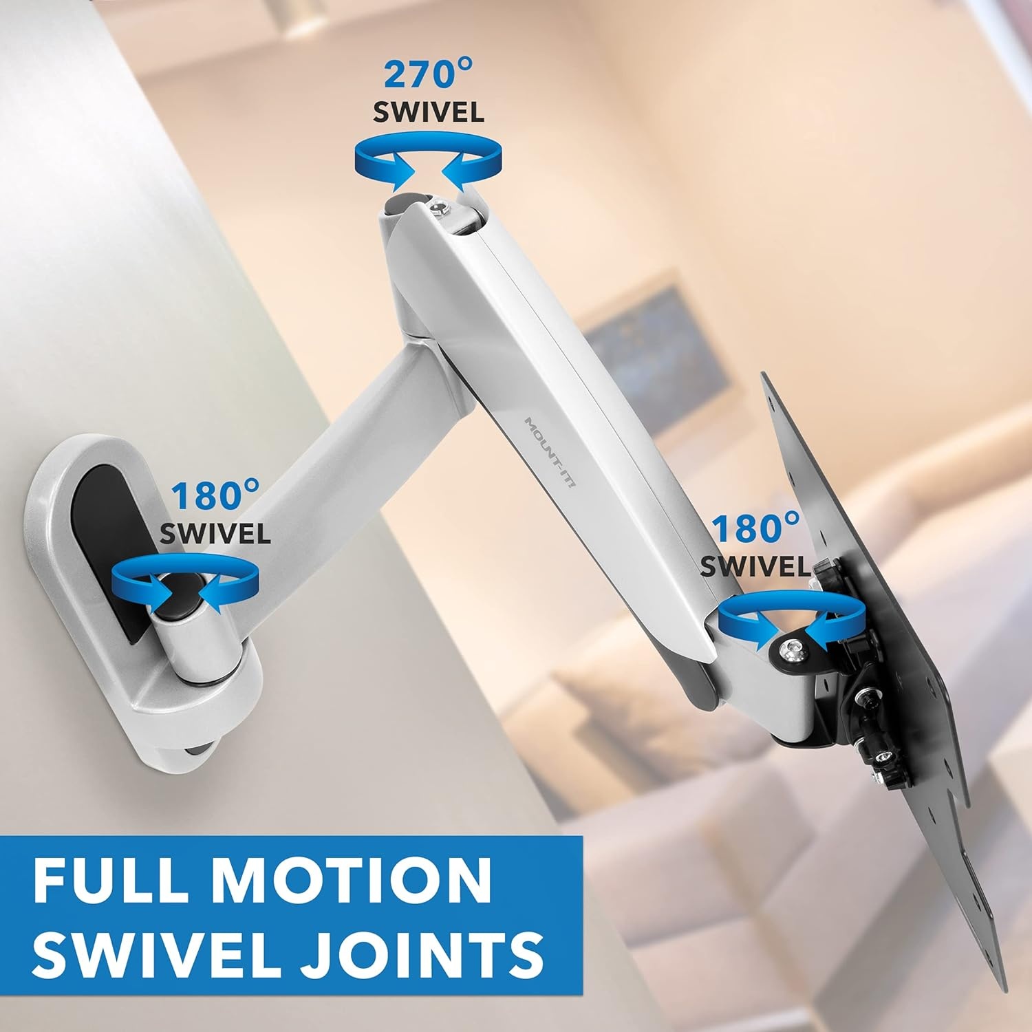 image:imageMountIt Full Motion Gas Spring TV Wall Mount for 2555 Inch LED LCD OLED Flat Screen TVs Height Adjustable 135 Articulating Arm VESA 100x100 to 400x400 44 lb Capacity Single Stud Silver