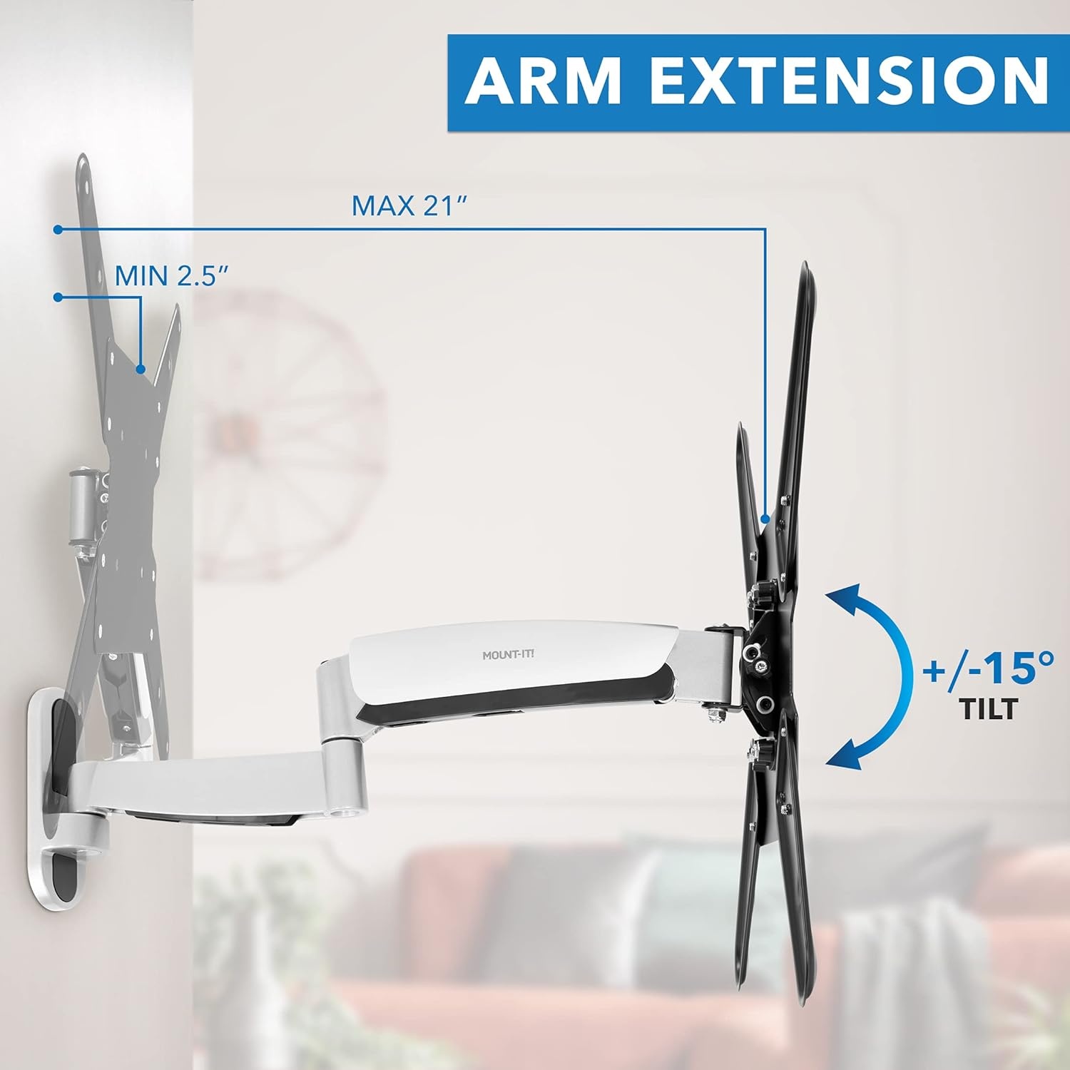 image:imageMountIt Full Motion Gas Spring TV Wall Mount for 2555 Inch LED LCD OLED Flat Screen TVs Height Adjustable 135 Articulating Arm VESA 100x100 to 400x400 44 lb Capacity Single Stud Silver
