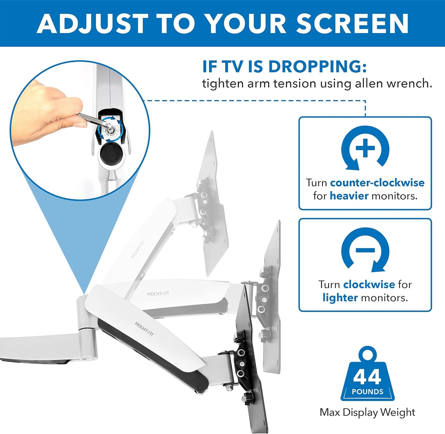 image:imageMountIt Full Motion Gas Spring TV Wall Mount for 2555 Inch LED LCD OLED Flat Screen TVs Height Adjustable 135 Articulating Arm VESA 100x100 to 400x400 44 lb Capacity Single Stud Silver