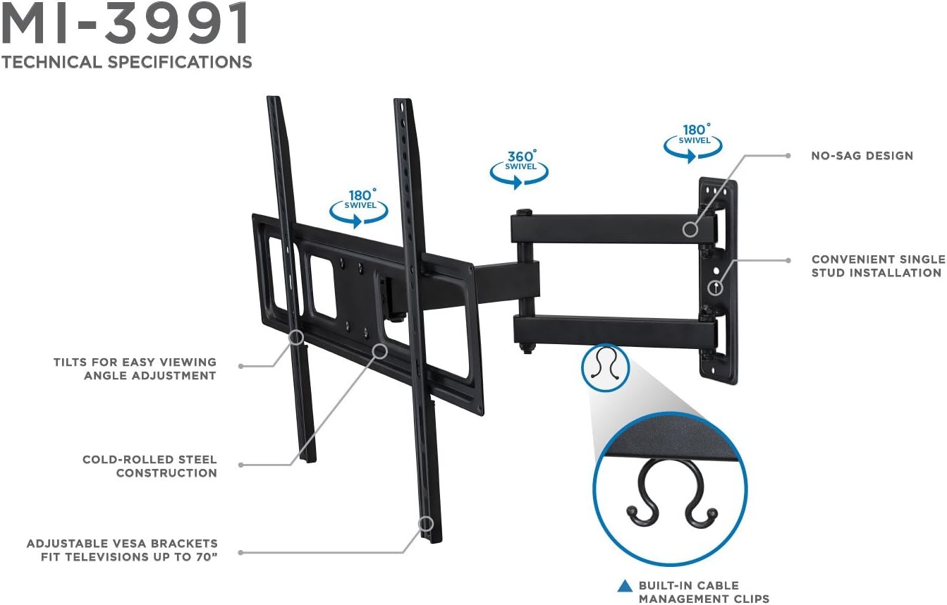 image:imageMountIt Full Motion TV Wall Mount Single Stud Installation Swivel Tilt amp 17 Extension Single Arm Bracket for 3770 Inch TVs HeavyDuty Steel Fits VESA 100x100600x400 77 lbs Capacity