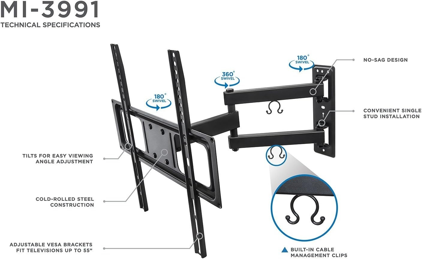 image:imageMountIt Full Motion TV Wall Mount Swivel Tilting Articulating Flat Screen TV Bracket for 2655 Inch Arm Extension up to 17Inch 77lb Capacity Black