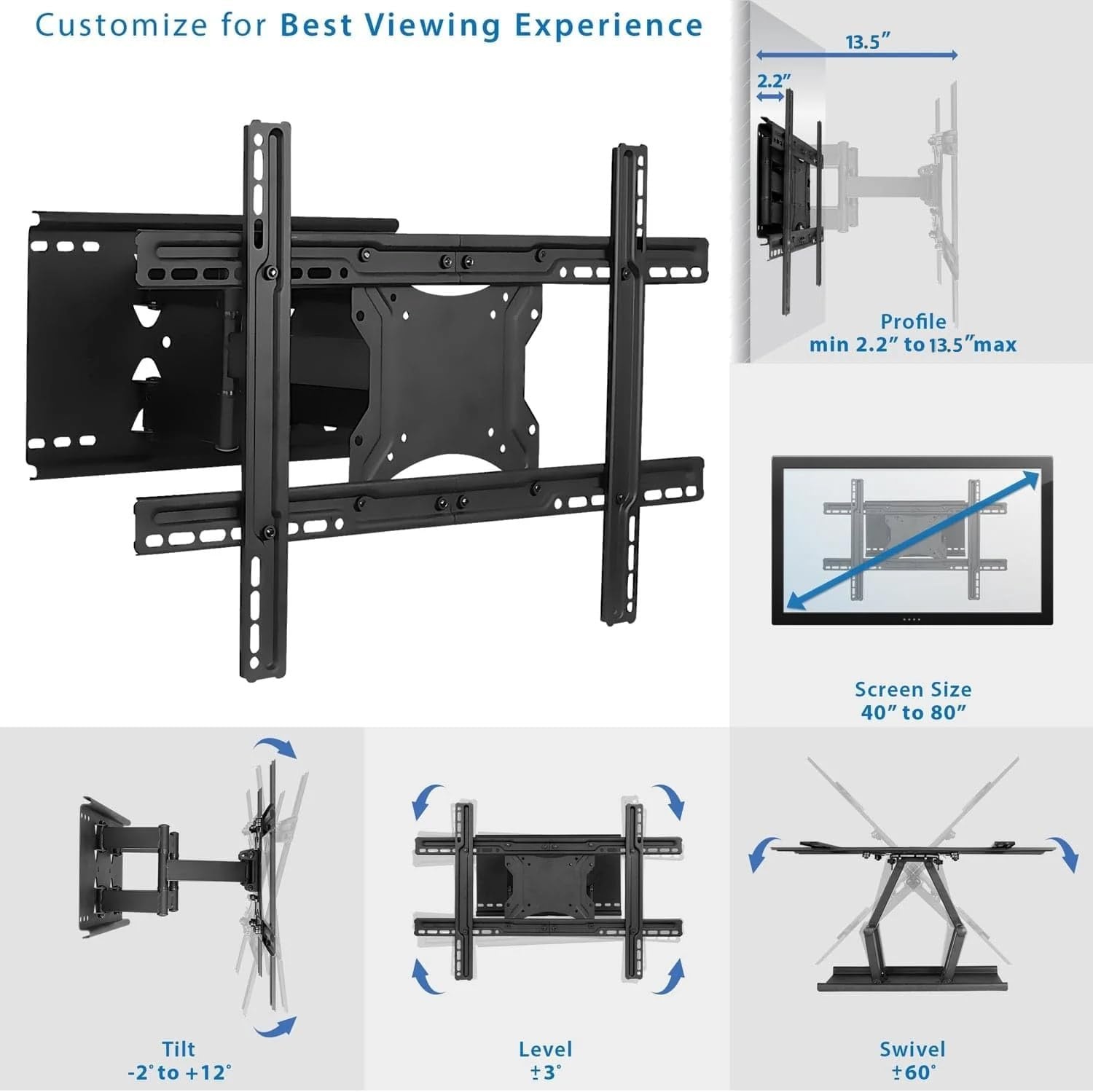 image:imageMountIt Full Motion TV Wall Mount for Large TVs 3782 Inch HeavyDuty Dual Arm Articulating TV Mount 132 lb Capacity Low Profile Extending Wall Mount VESA 100x100600x400