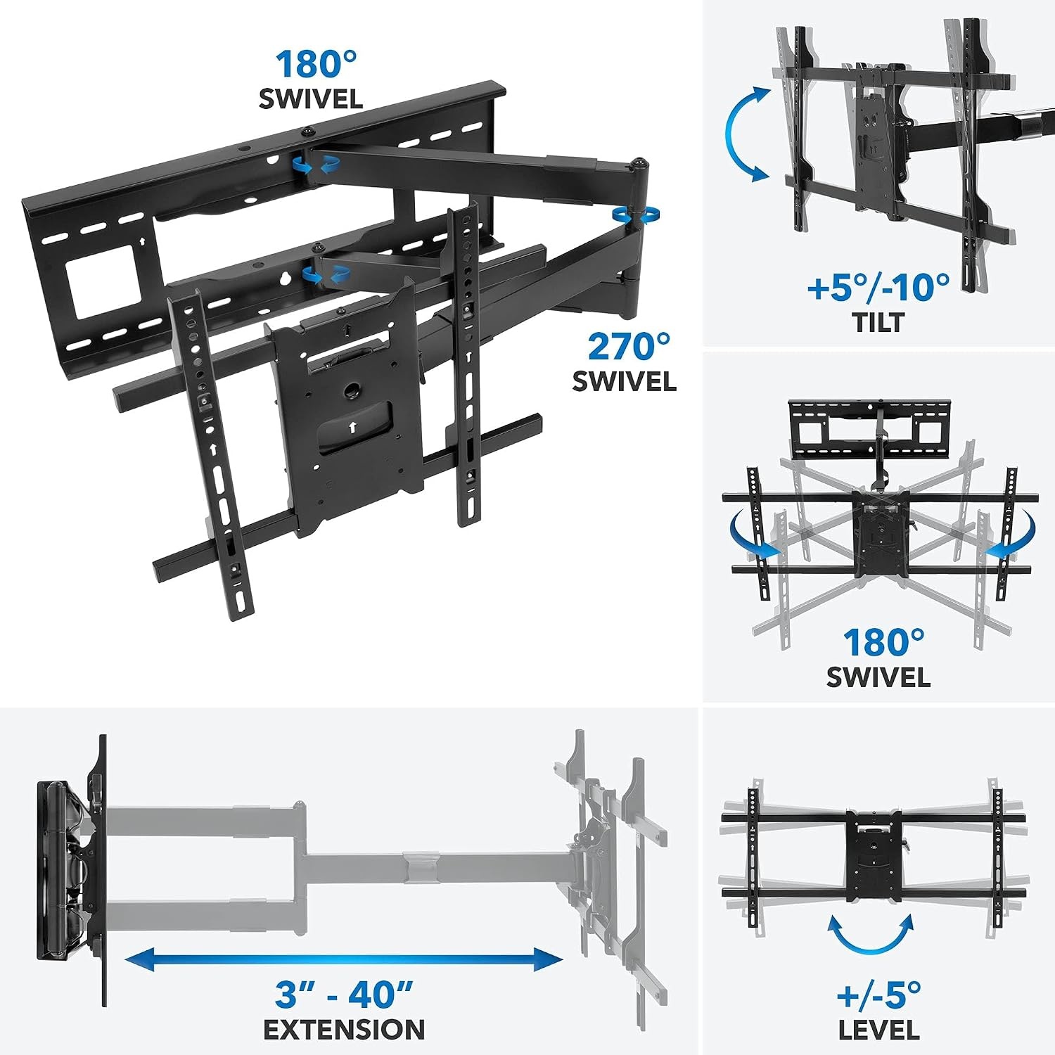 image:imageMountIt Full Motion TV Wall Mount with Extra Long 40 Extension Fits 4080 Screens up to 110 lbs VESA 100x100 to 800x400 Corner amp Fireplace Compatible Dual Arm Articulating Wall Mount