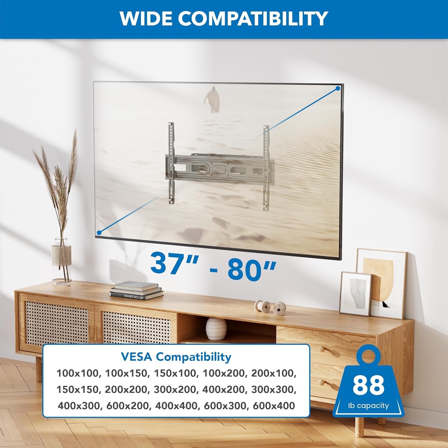 image:imageMountIt Full Motion TV Wall Mount with Heavy Duty Dual Arms 14 Extension and Compatible with TVs 37 up to 80 Screen Size Fits VESA up to 600x400mm 88 Lbs Capacity