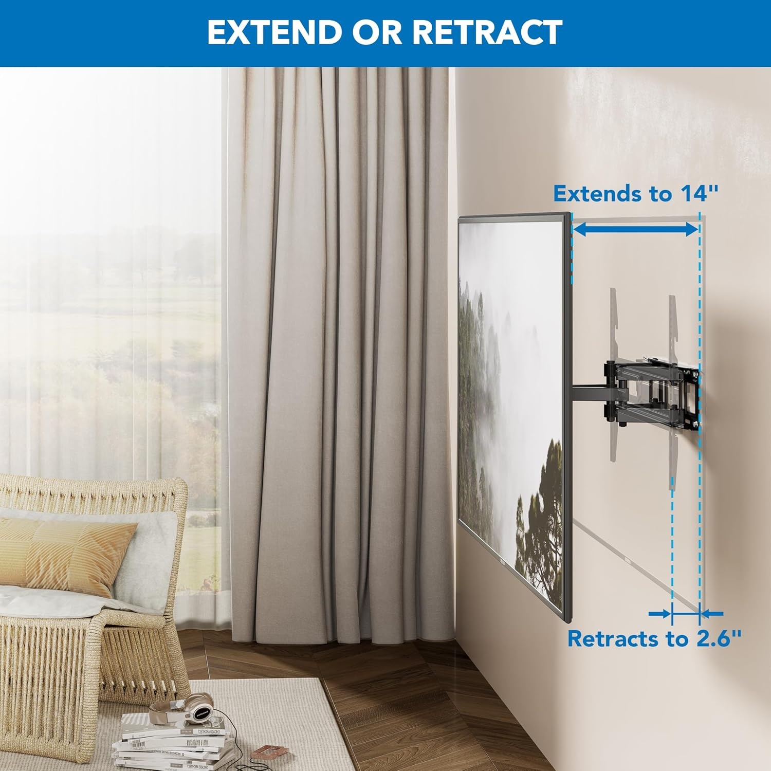 image:imageMountIt Full Motion TV Wall Mount with Heavy Duty Dual Arms 14 Extension and Compatible with TVs 37 up to 80 Screen Size Fits VESA up to 600x400mm 88 Lbs Capacity