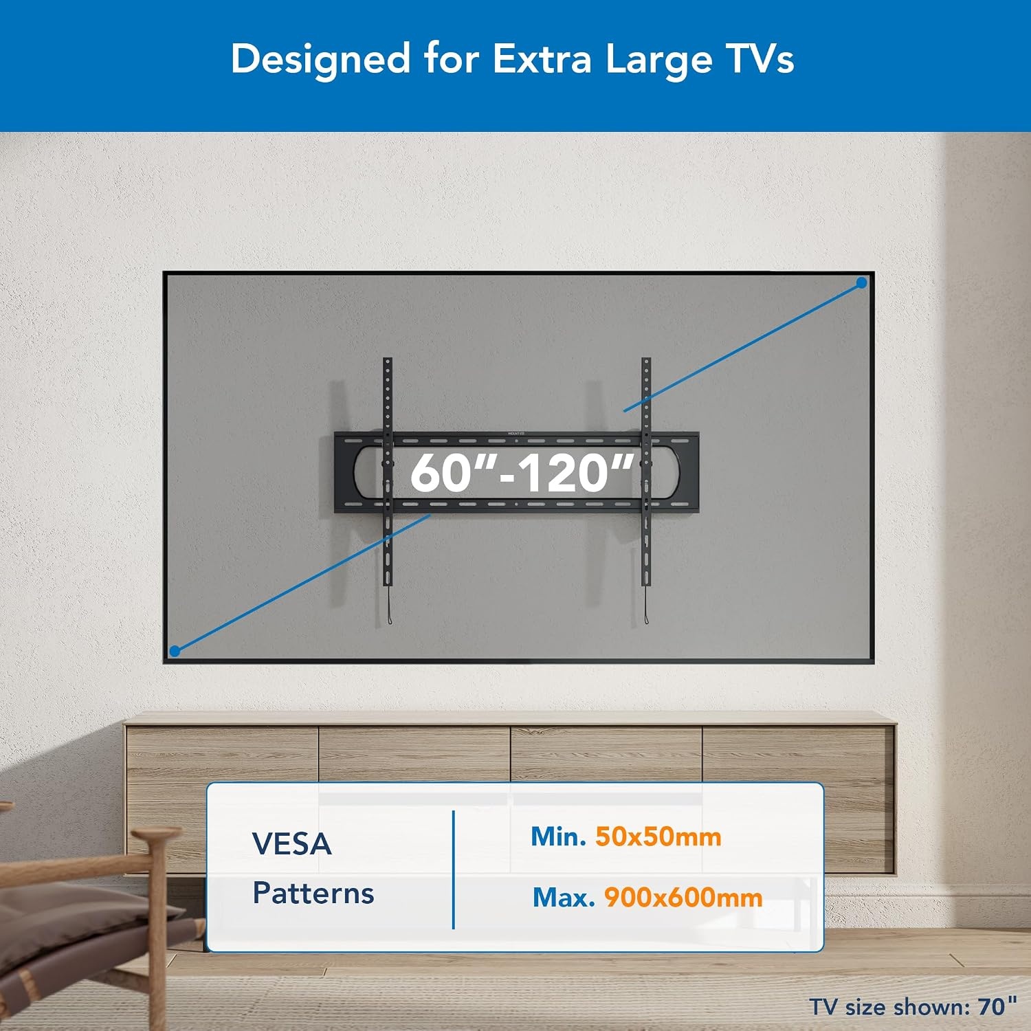 image:imageMountIt Heavy Duty XXL TV Wall Mount for Extra Large TVs Tilting TV Mount max VESA 900x600 Holds up to 264lb Large Display Wall Mount for 60 65 70 75 80 85 90 100 120