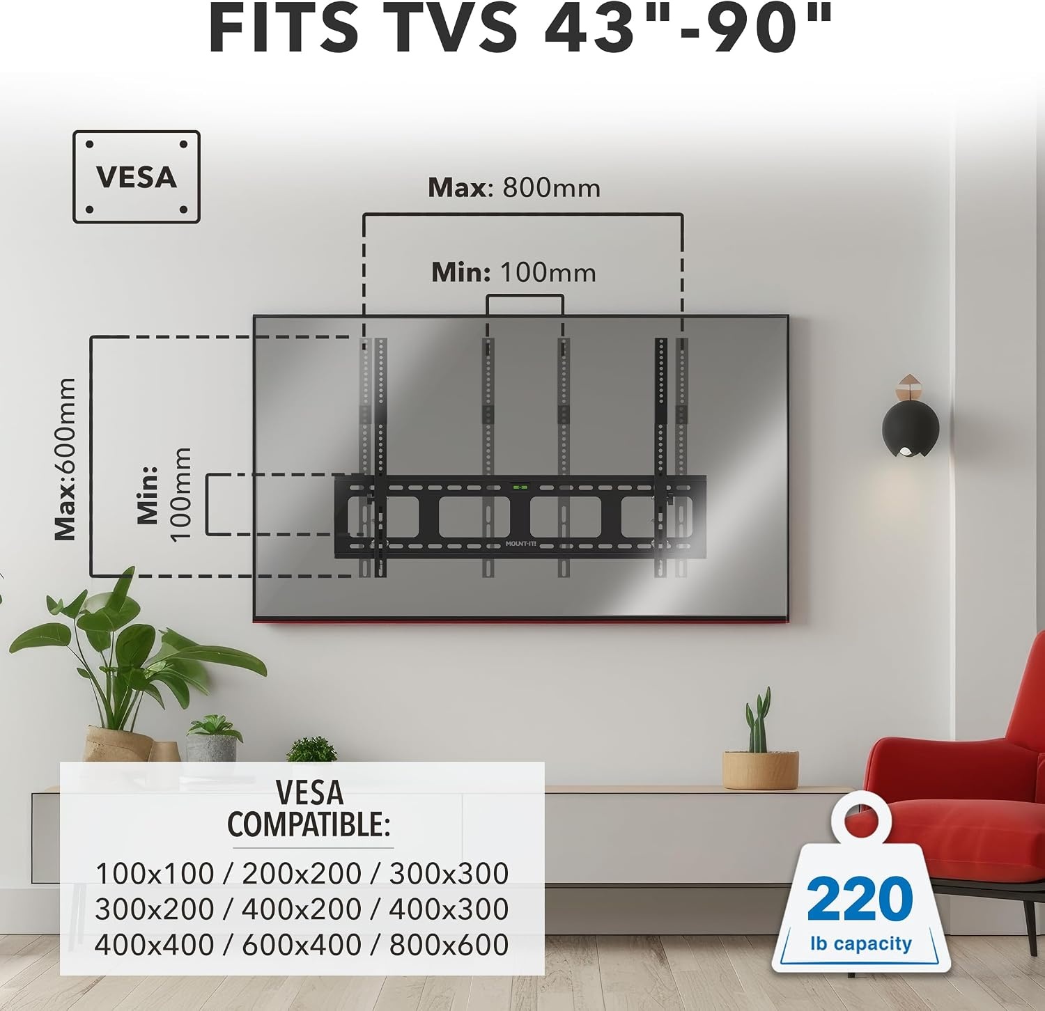 image:imageMountIt HeavyDuty TV Wall Mount for 6590 Inch TVs Tilt TV Wall Mount Holds 220 lbs LowProfile Tilting Bracket Design 800x600mm VESA Secure Stud Mounting for Large Screens